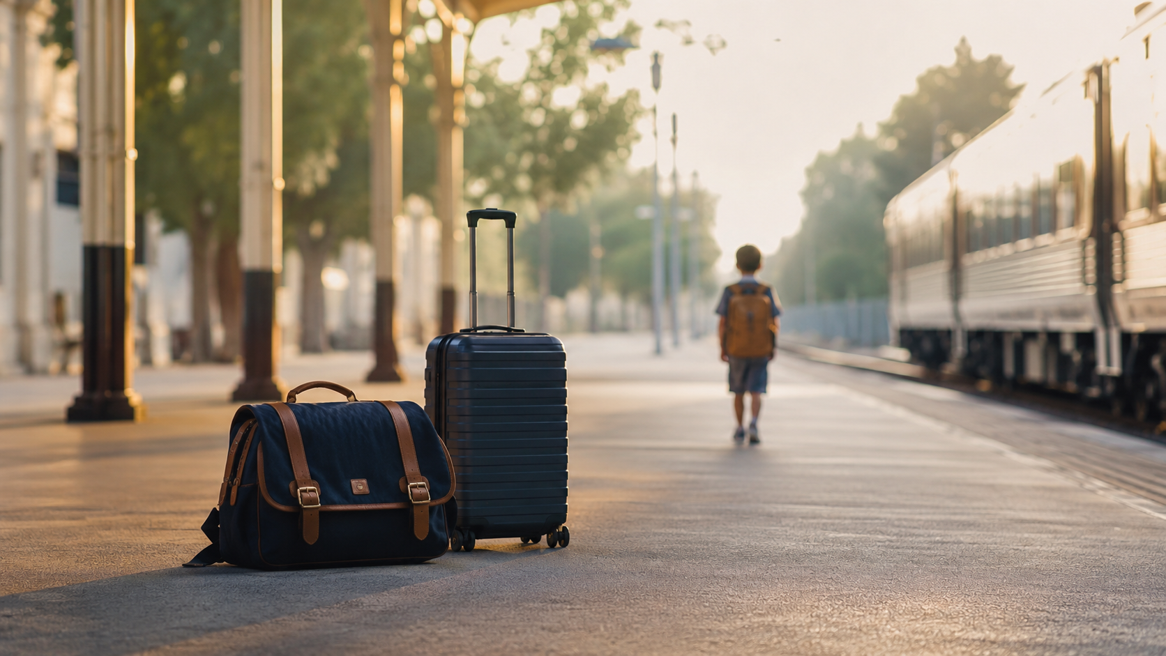 Un cartable et une valise a roulettes poses sur un quai de gare l'ete, une silhouette d'enfant au loin de dos