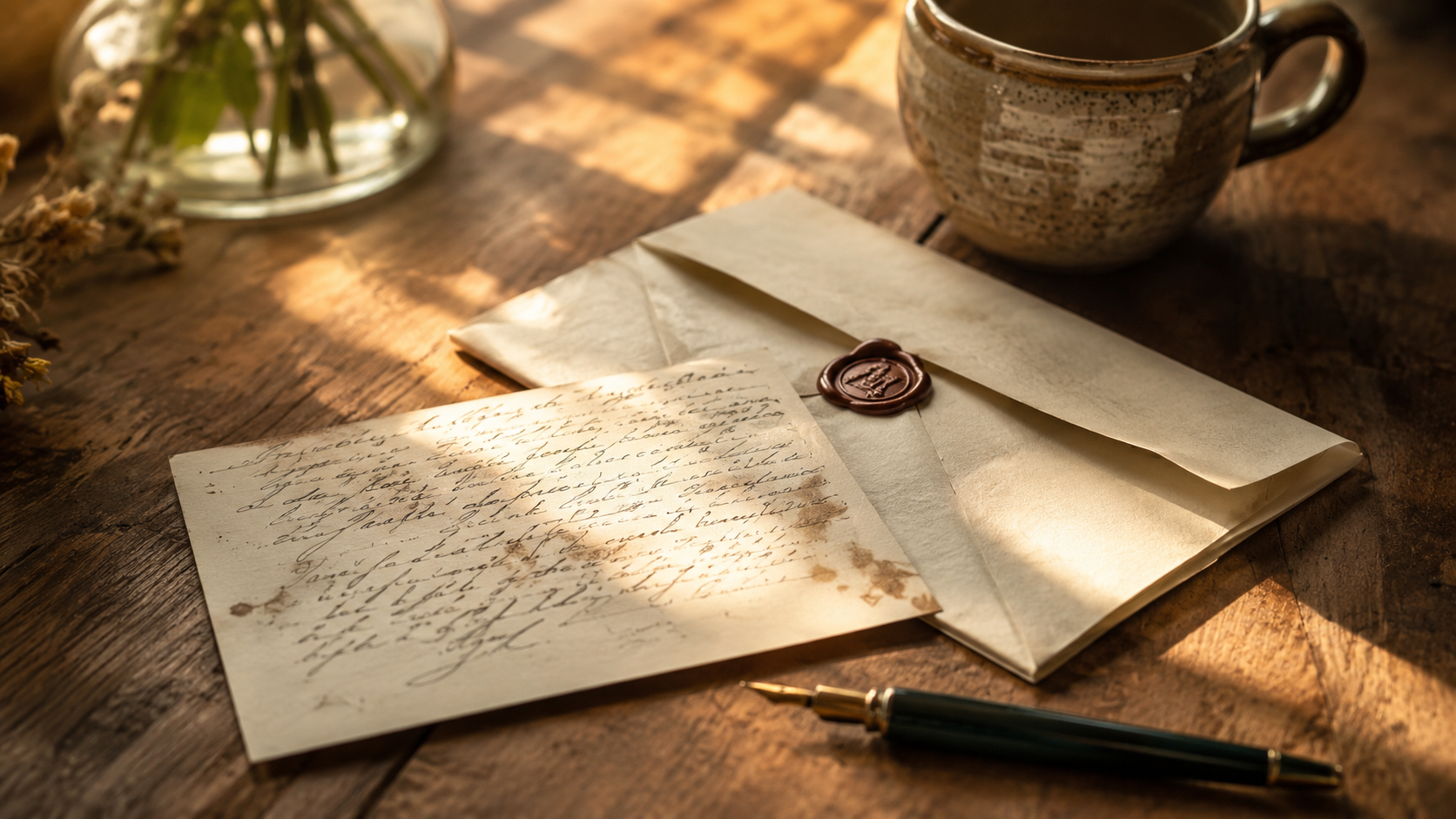 Une carte postale manuscrite et une lettre pliee posees sur une table en bois, avec un stylo