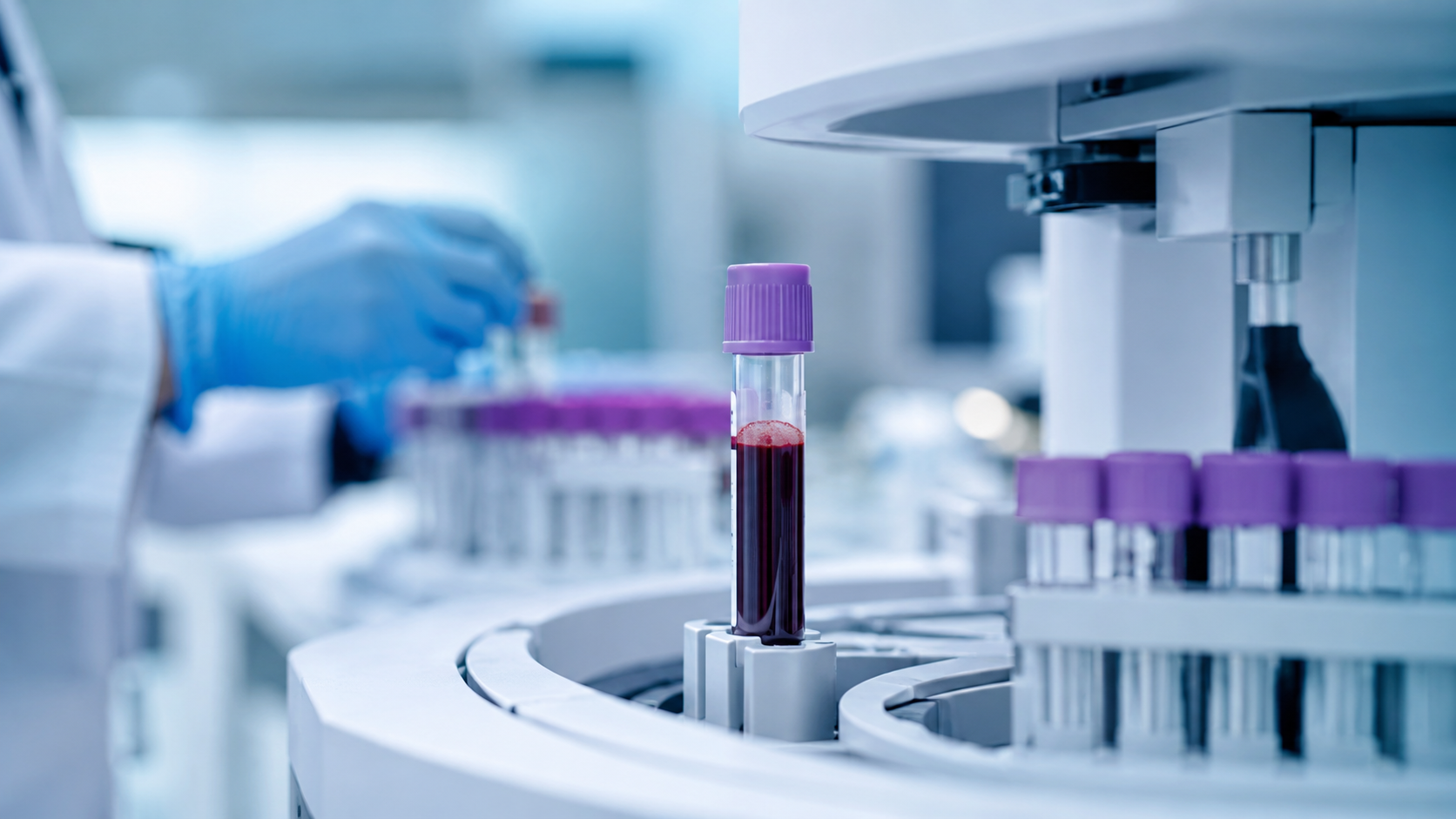 Main gantée déposant un tube de prélèvement sanguin dans un analyseur de laboratoire