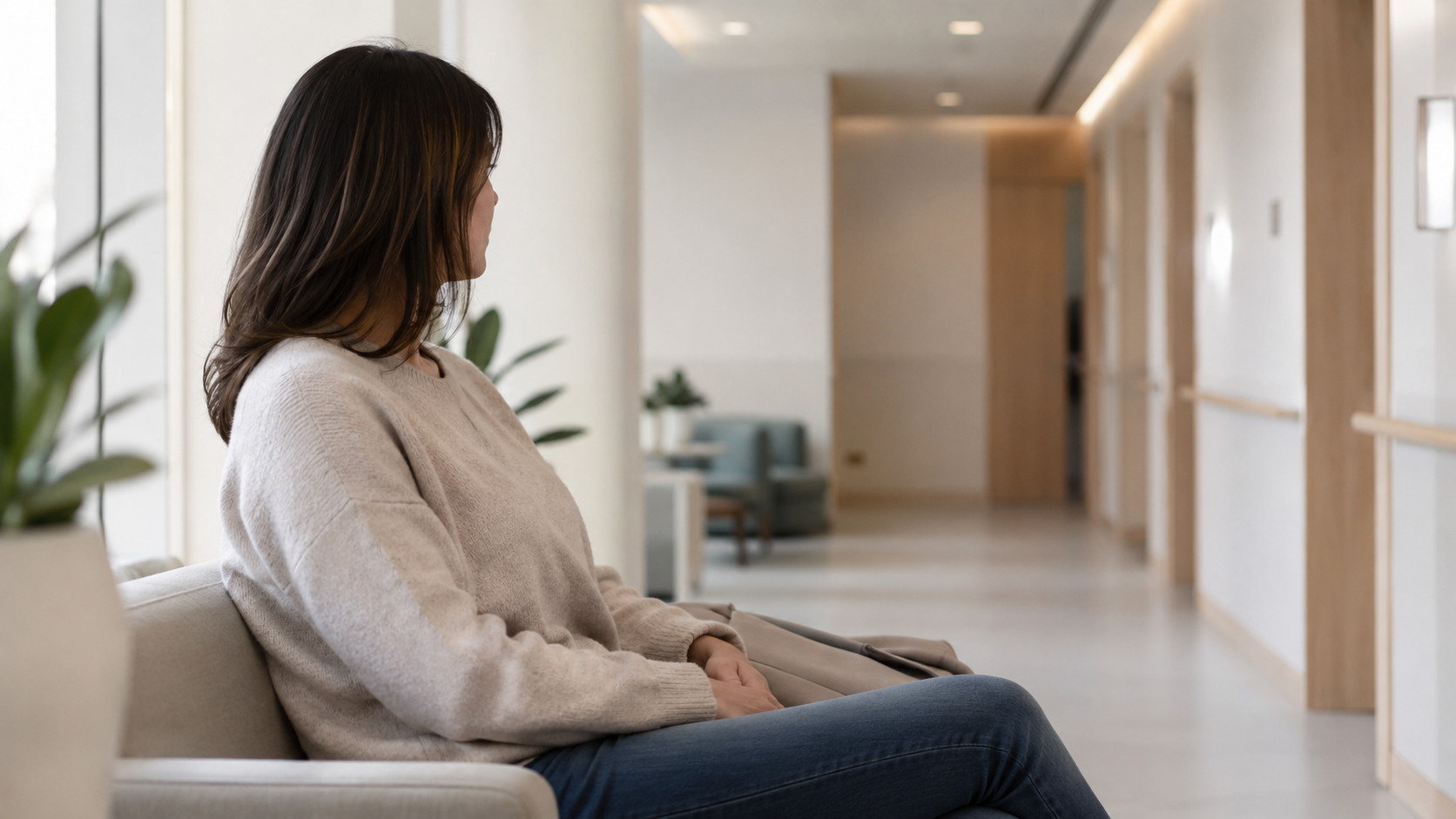Femme apaisée patientant dans le couloir lumineux d'une clinique
