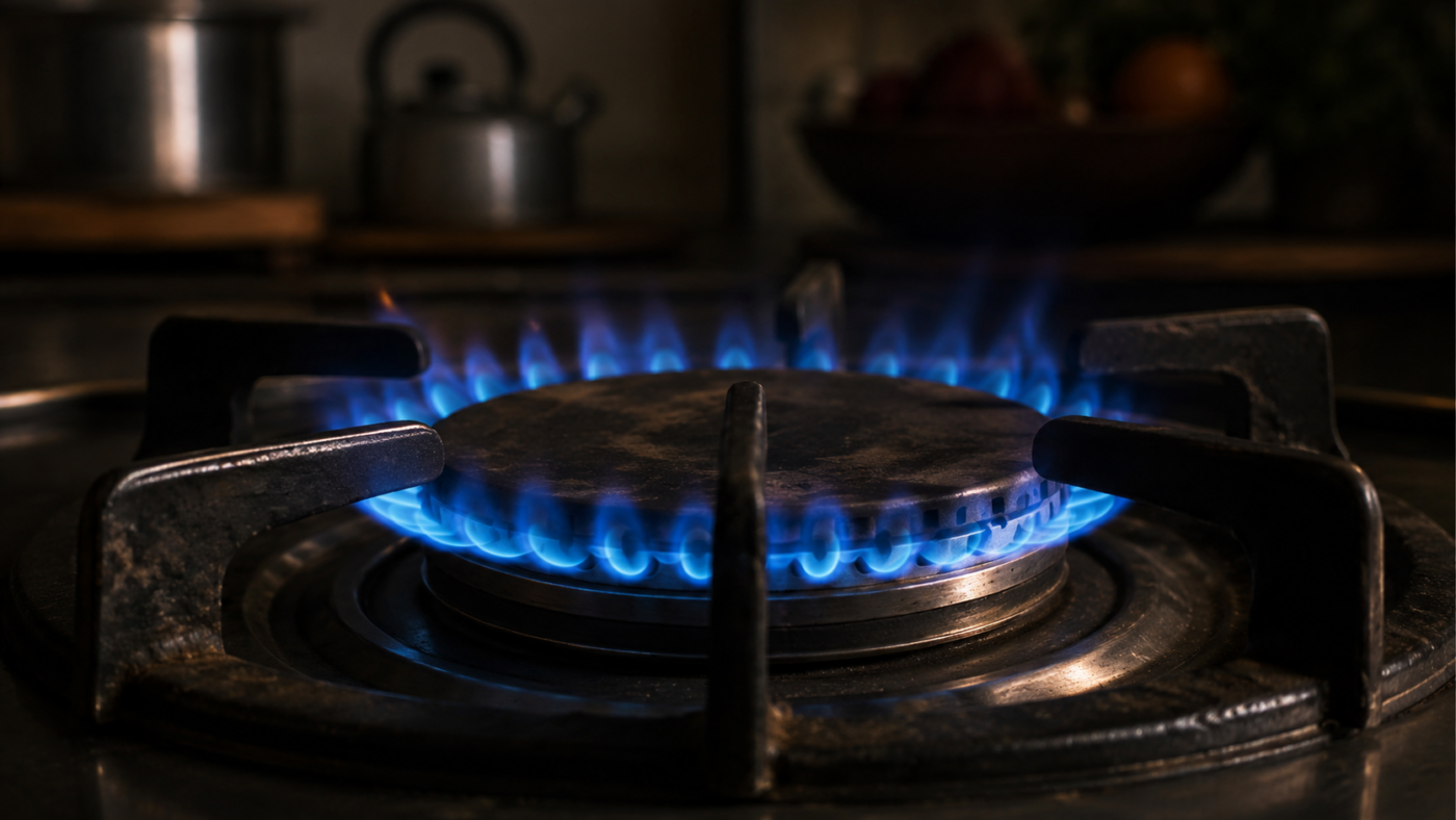 Gros plan sur les flammes bleues d'un brûleur de gazinière domestique dans une cuisine en pénombre