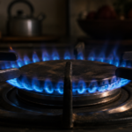 Gros plan sur les flammes bleues d'un brûleur de gazinière domestique dans une cuisine en pénombre