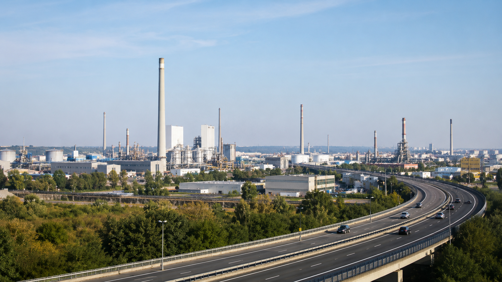 Un paysage industriel européen à l'air clair, une autoroute au premier plan sous un ciel dégagé