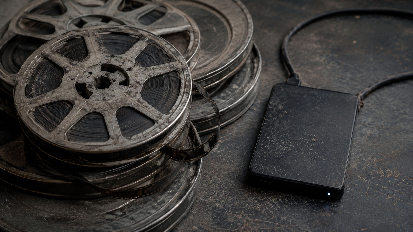 Vieilles bobines de film et disque dur externe au câble effiloché sur un bureau poussiéreux