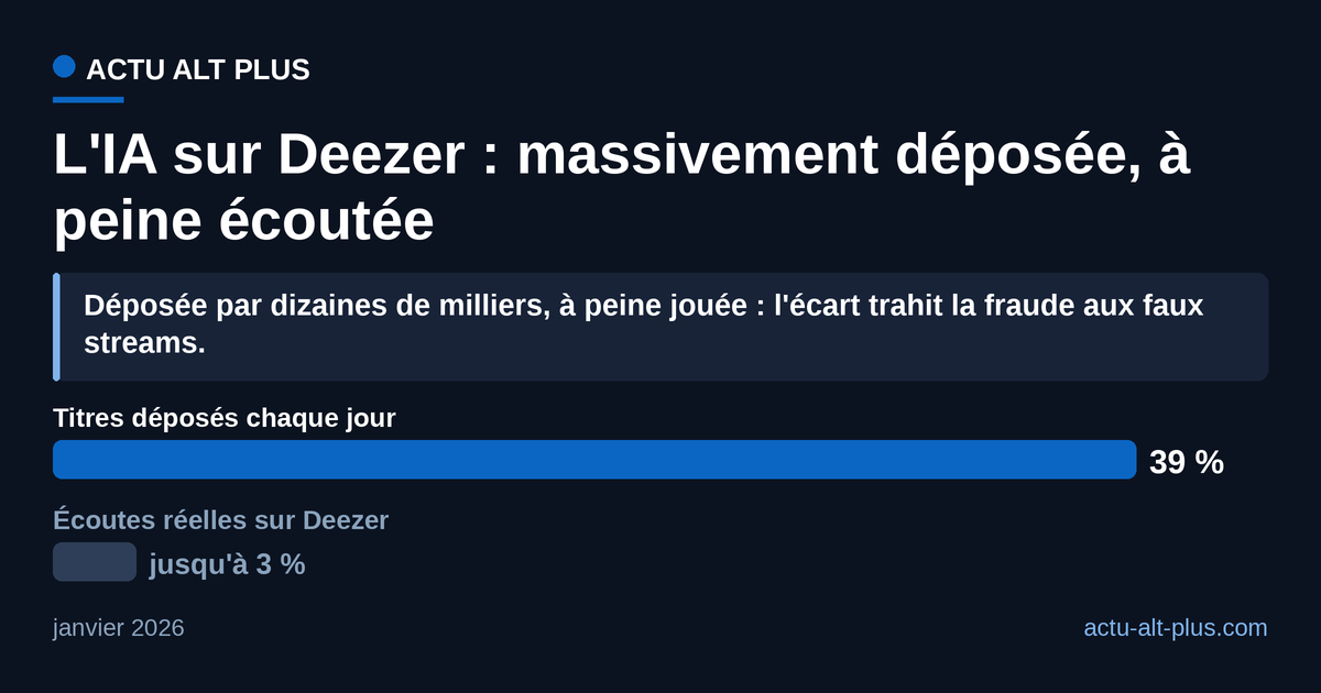 Sur Deezer en janvier 2026, la musique 100 % IA pèse environ 39 % des titres déposés chaque jour mais seulement 1 à 3 % des écoutes réelles