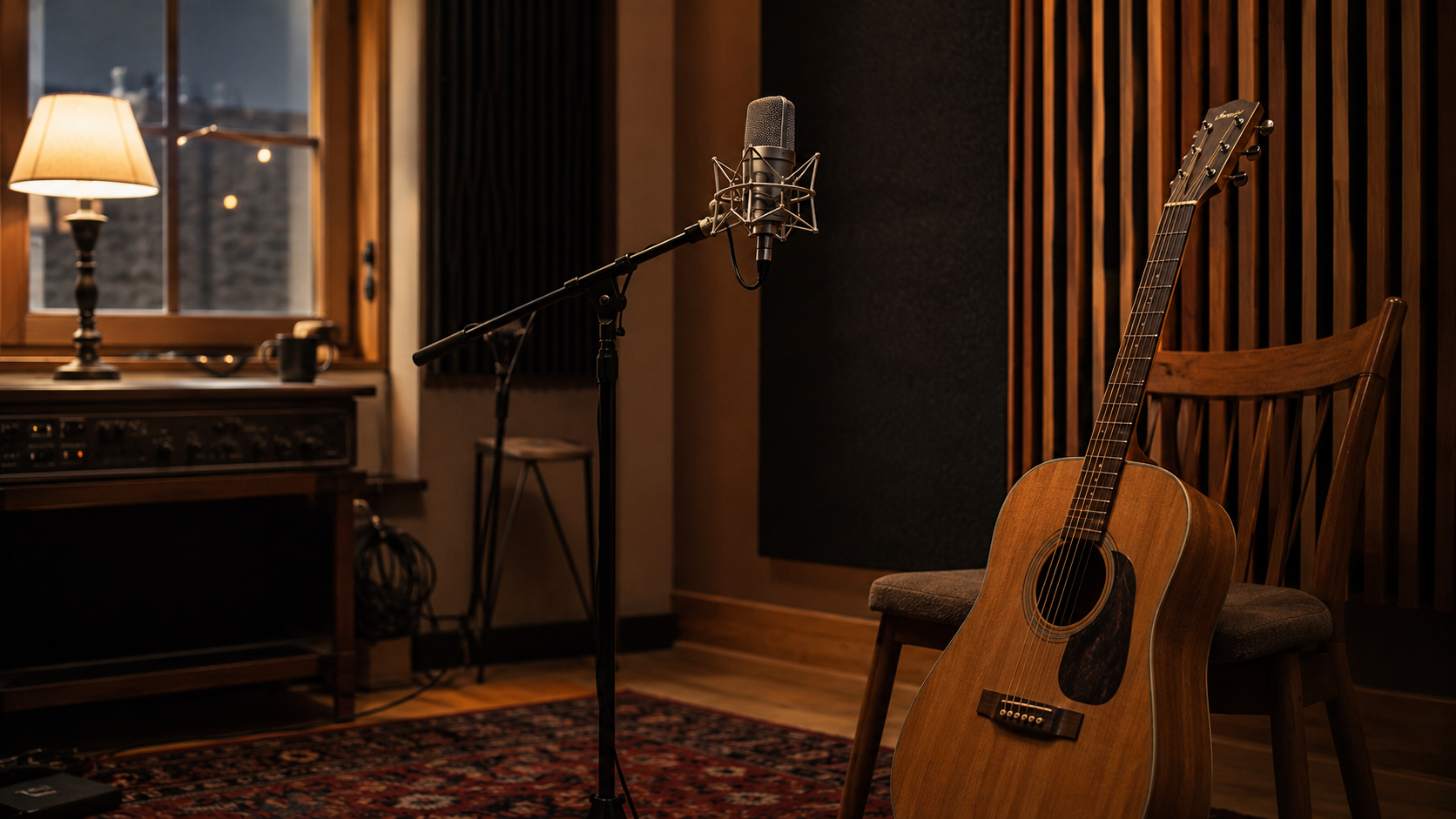 Un coin de studio d'enregistrement vide, un micro et une guitare acoustique appuyée contre une chaise