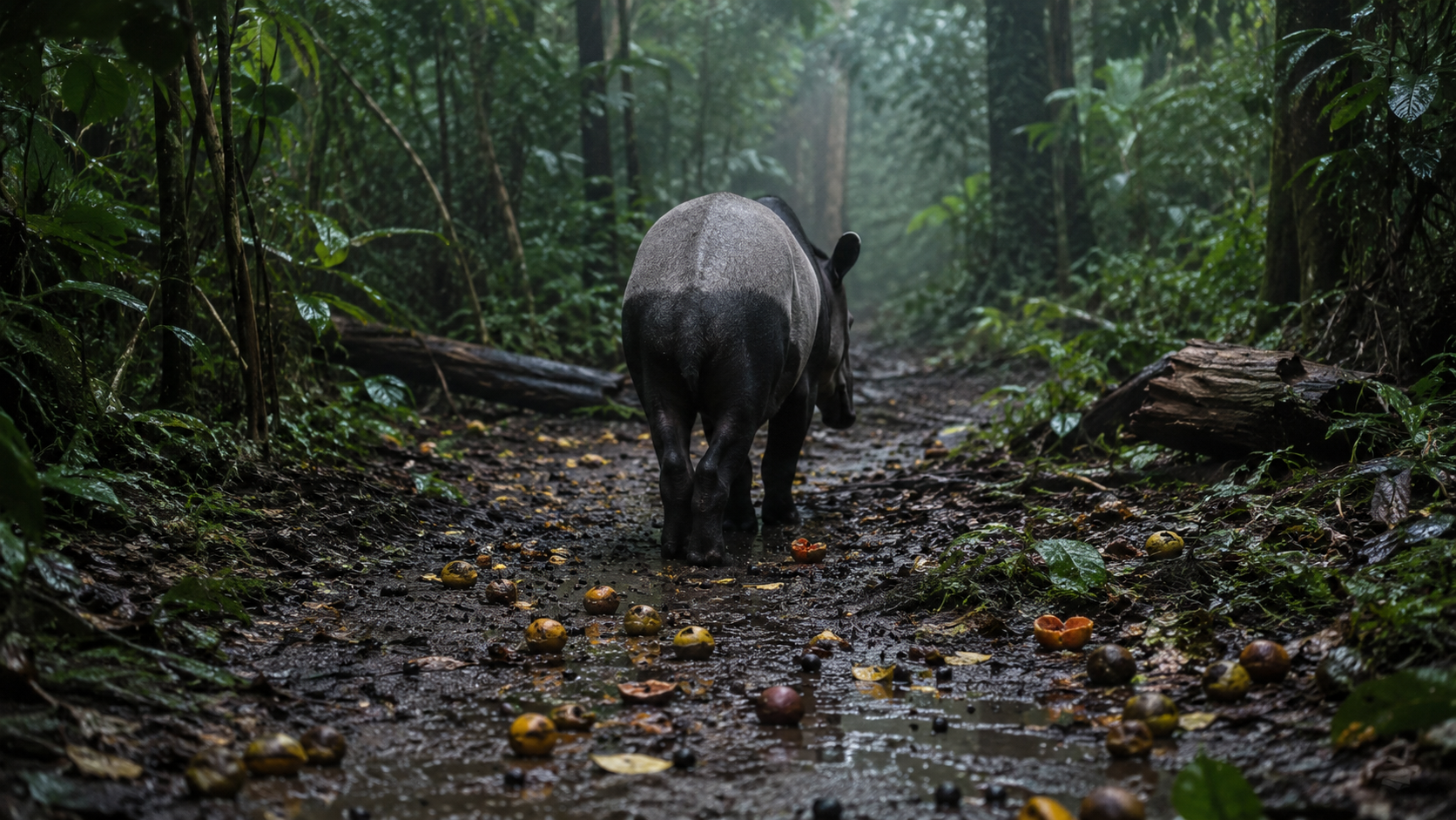 Un tapir terrestre s'éloigne sur une piste boueuse en forêt dense, des fruits tombés au sol autour de ses traces