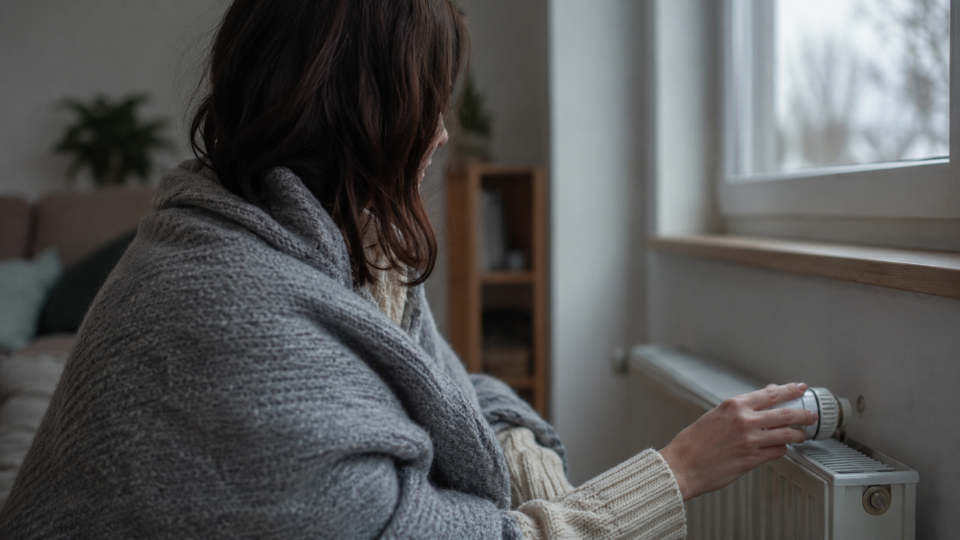 Une femme en pull, la main sur le thermostat d'un radiateur dans son salon en hiver, l'air songeur