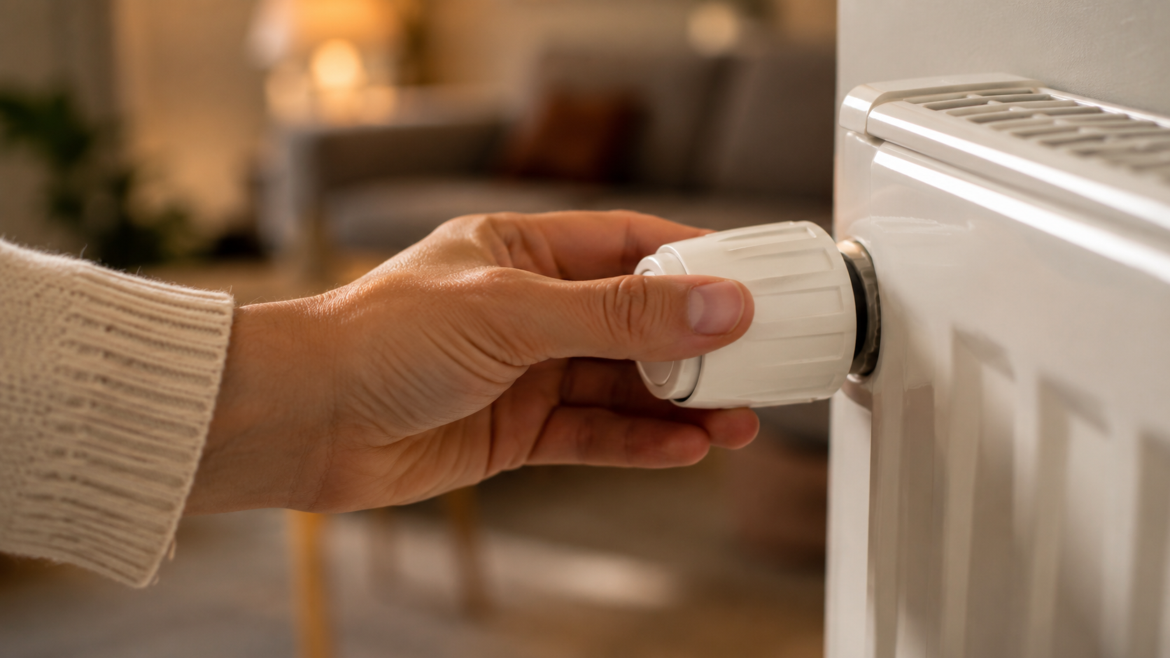 Une main baissant la molette du thermostat d'un radiateur domestique