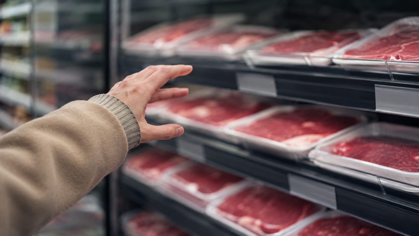 La main d'un client hesitant devant le rayon refrigere de viande rouge d'un supermarche