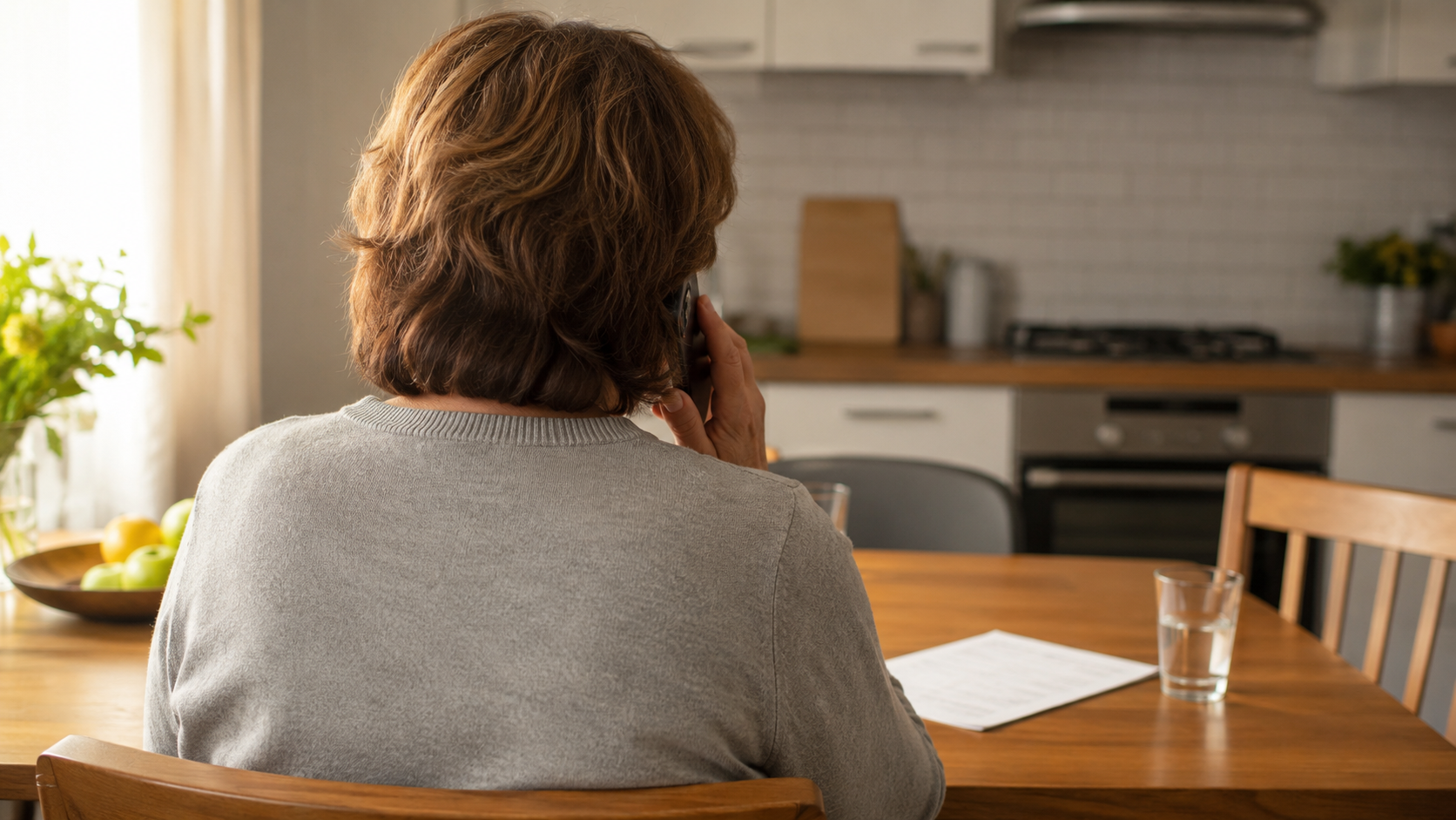 Une personne vue de dos à la table de la cuisine, au téléphone, une ordonnance posée devant elle