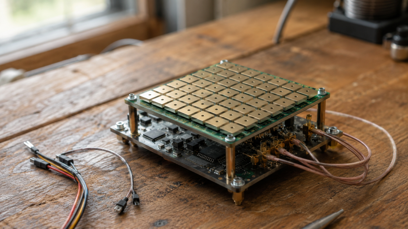 Petite carte électronique de type nano-ordinateur équipée d'antennes, posée sur un établi en bois
