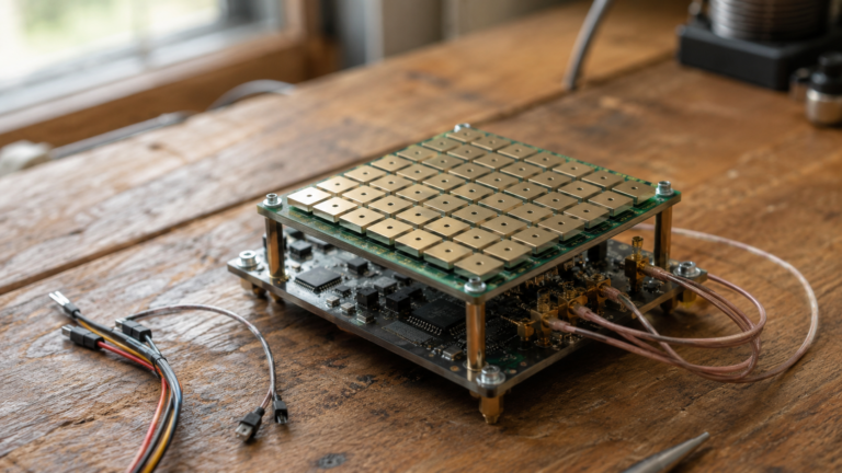 Petite carte électronique de type nano-ordinateur équipée d'antennes, posée sur un établi en bois