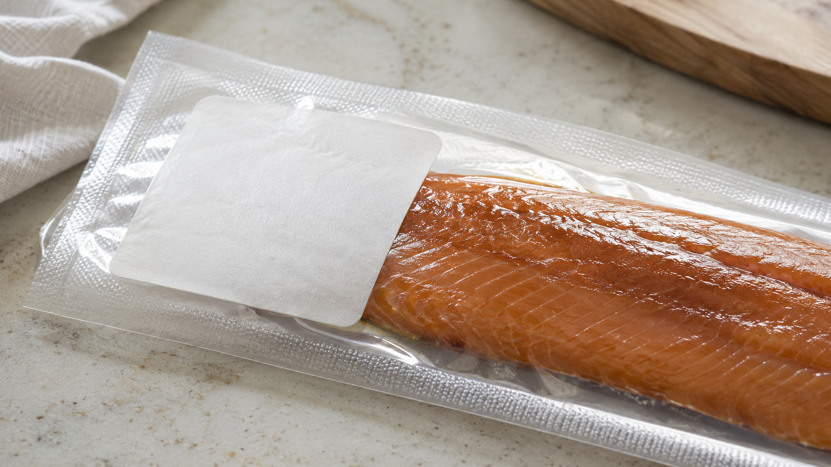 Pave de poisson fume sous film transparent sur un plan de travail clair