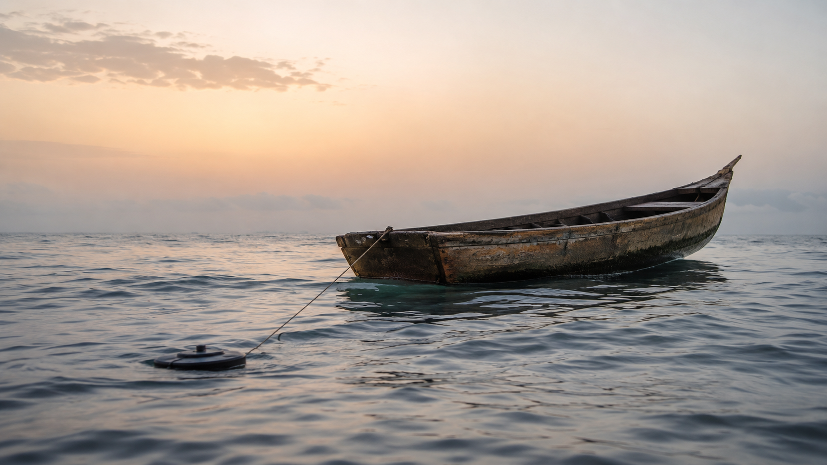 Une pirogue de pêche en bois seule sur la mer à l'aube, tractant un petit appareil de mesure dans son sillage