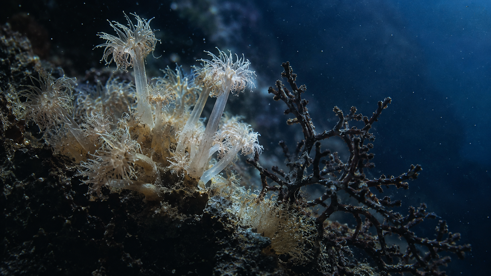 Gros plan de polypes de corail mou et d'un corail noir ramifié sur une roche sombre en eau bleu profond