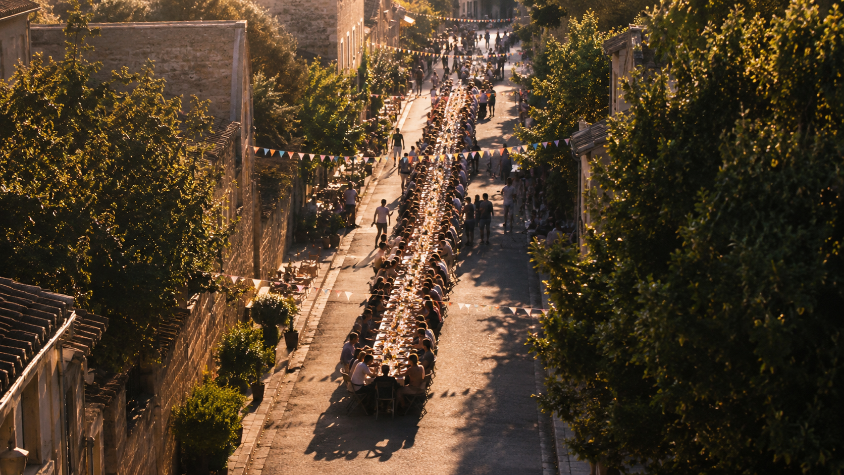 Une longue tablée dans une rue fermée, une foule en silhouettes partageant un repas au soleil