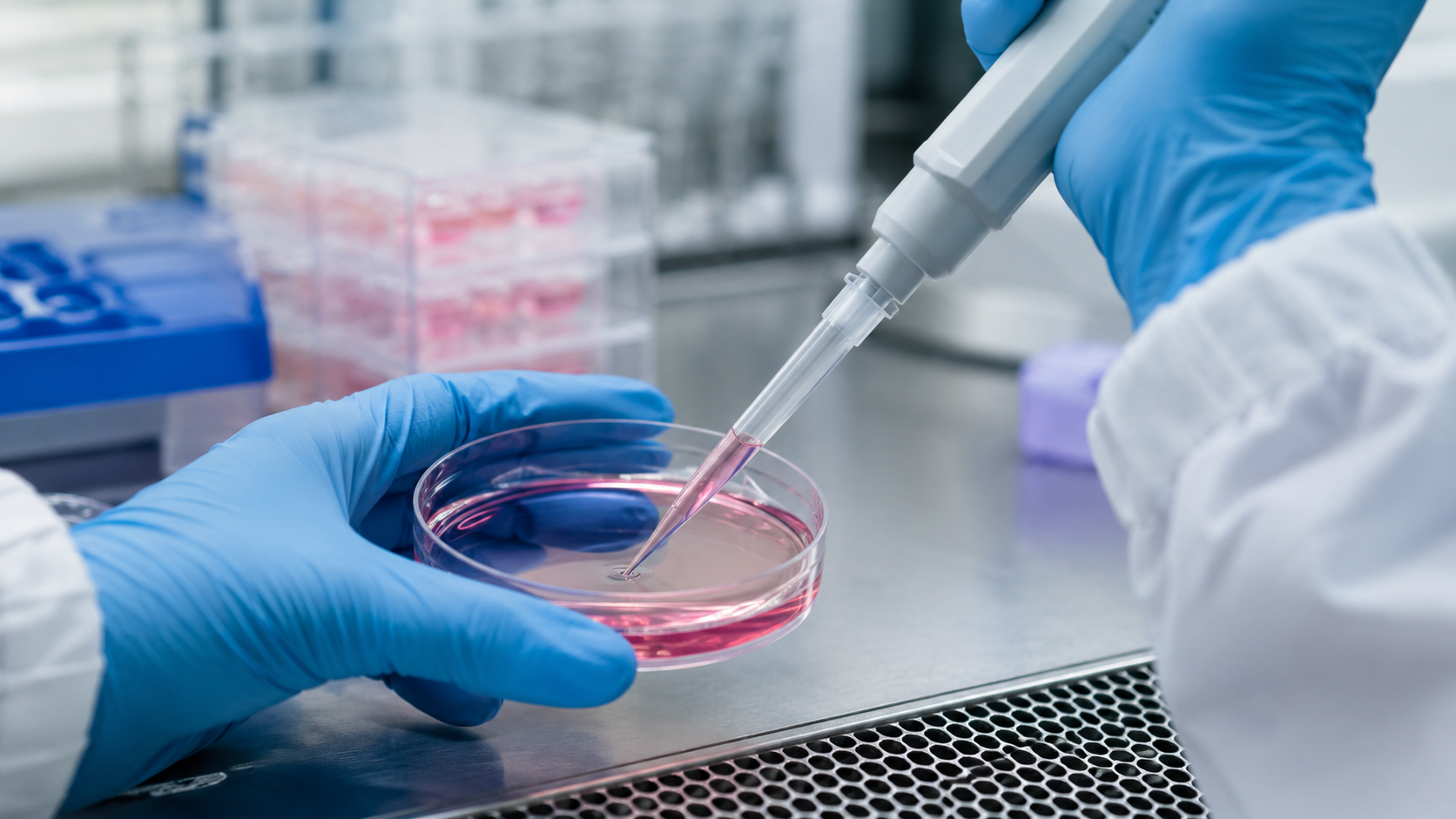 Mains gantées d'un chercheur tenant une pipette au-dessus d'une boîte de culture