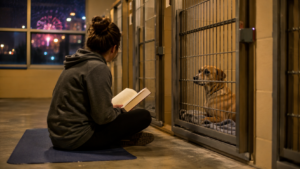 Bénévole assis en tailleur devant des cages de refuge, lisant un livre à voix haute à un chien calme, le soir