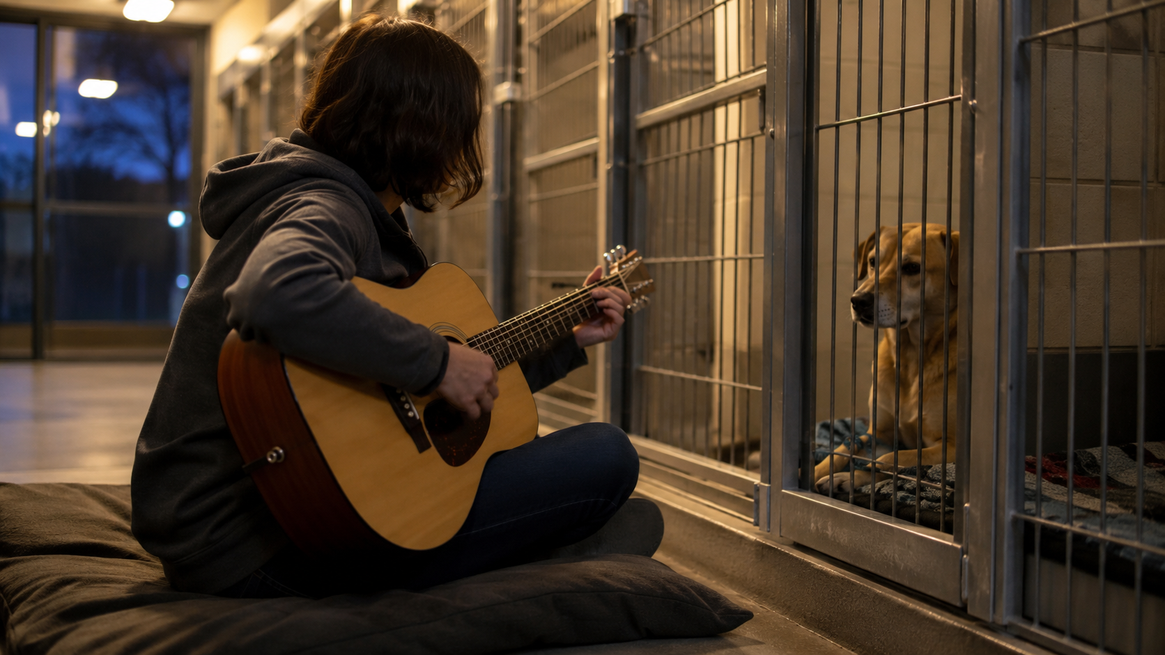 Personne grattant doucement une guitare devant une rangée de box dans un refuge animalier, ambiance tamisée