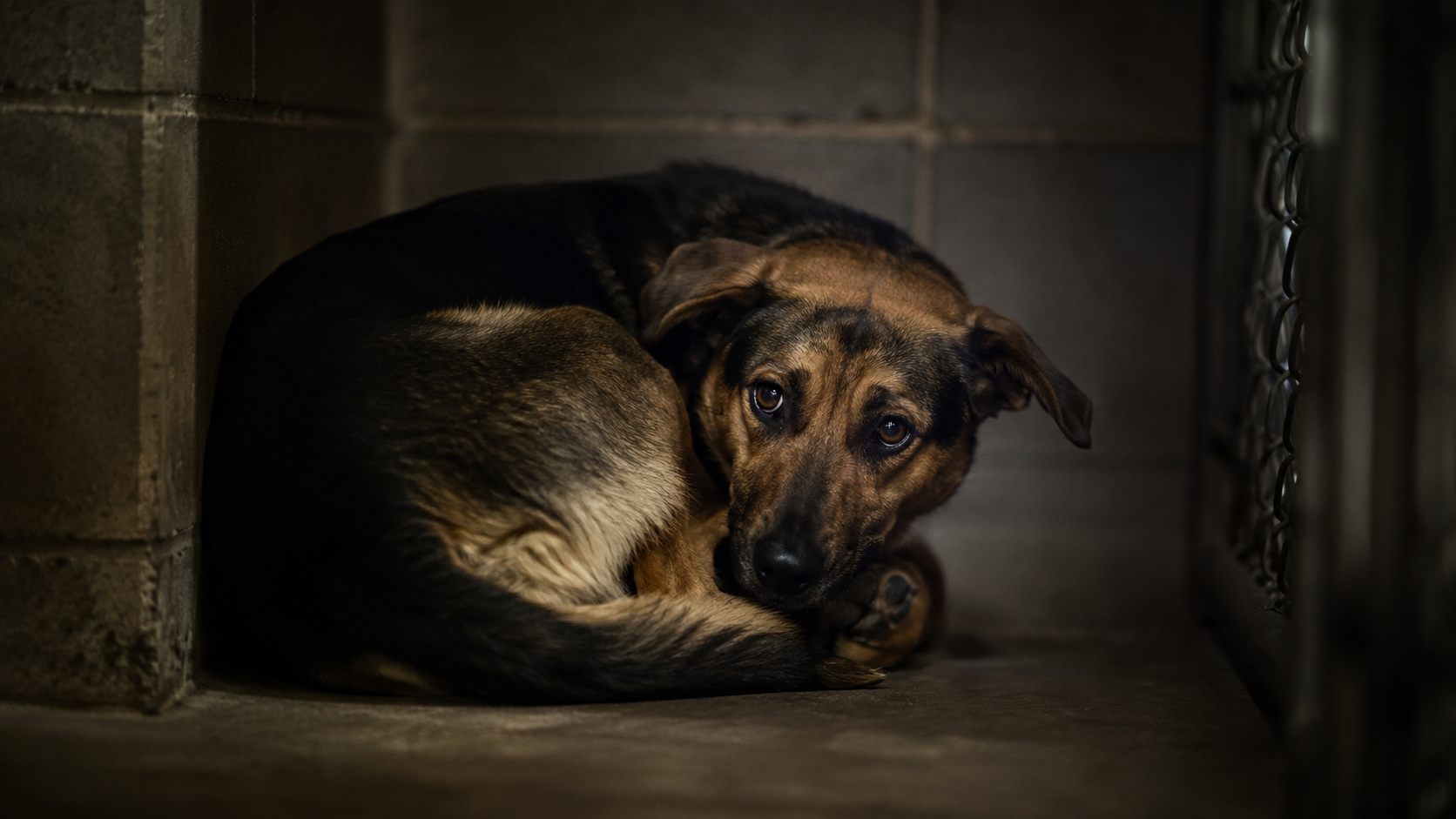 Chien apeuré recroquevillé au fond d'un box de refuge, oreilles baissées, la nuit