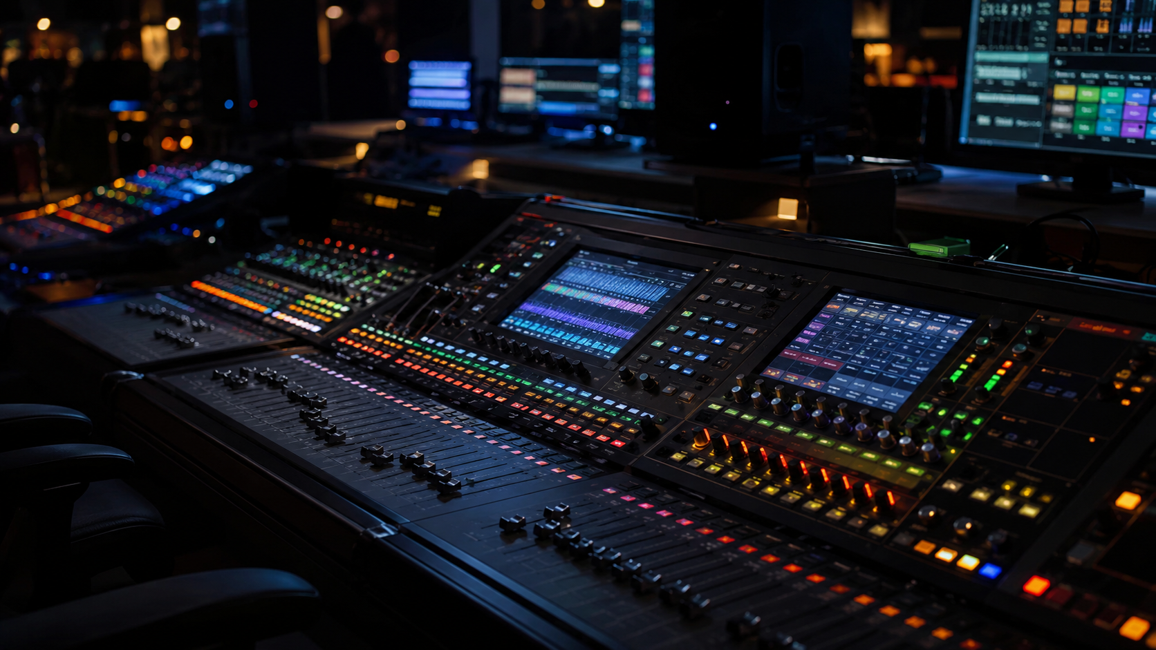 Regie technique dans la penombre, consoles de mixage et ecrans de controle allumes