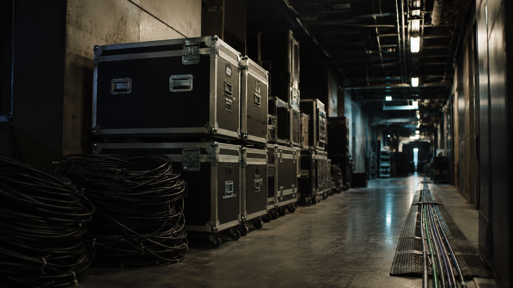 Coulisses de tournee, flight cases noirs empiles et cables enroules au sol