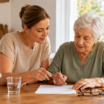 Un adulte aide une personne âgée à remplir un formulaire à la table de la cuisine.