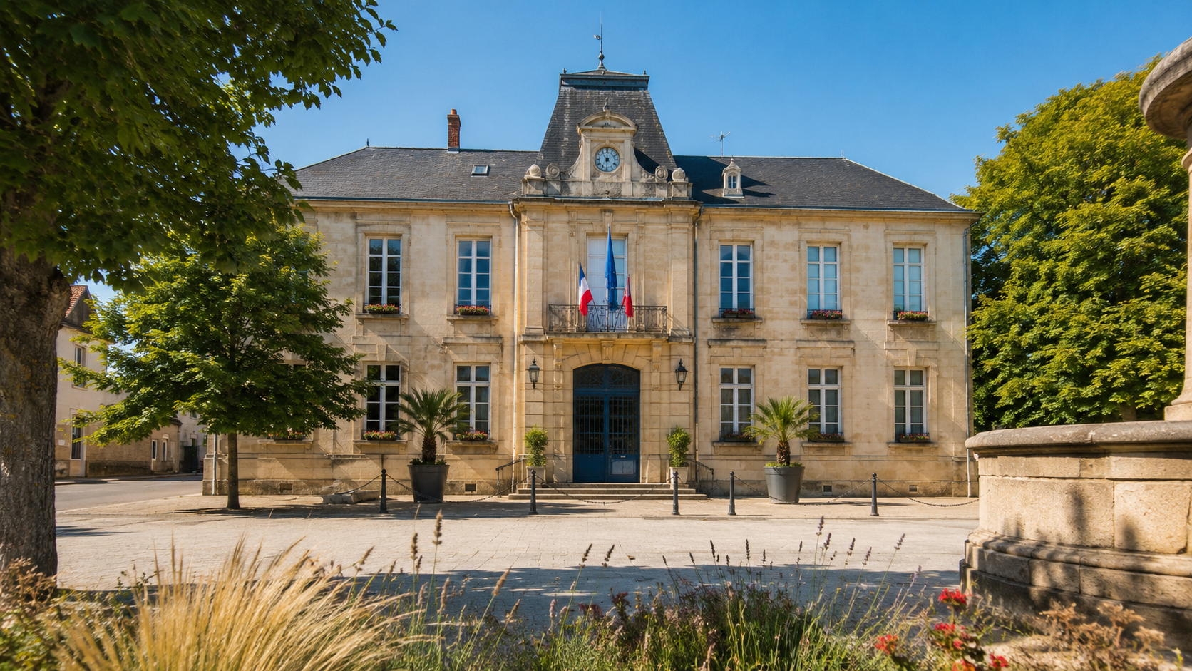 Façade d'une mairie de petite commune sous une chaleur d'été.