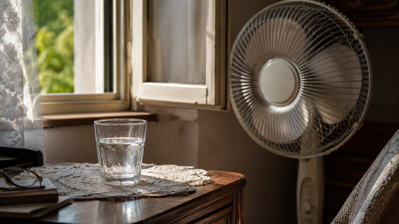 Un verre d'eau près d'une fenêtre ouverte et d'un ventilateur, dans un intérieur en été.