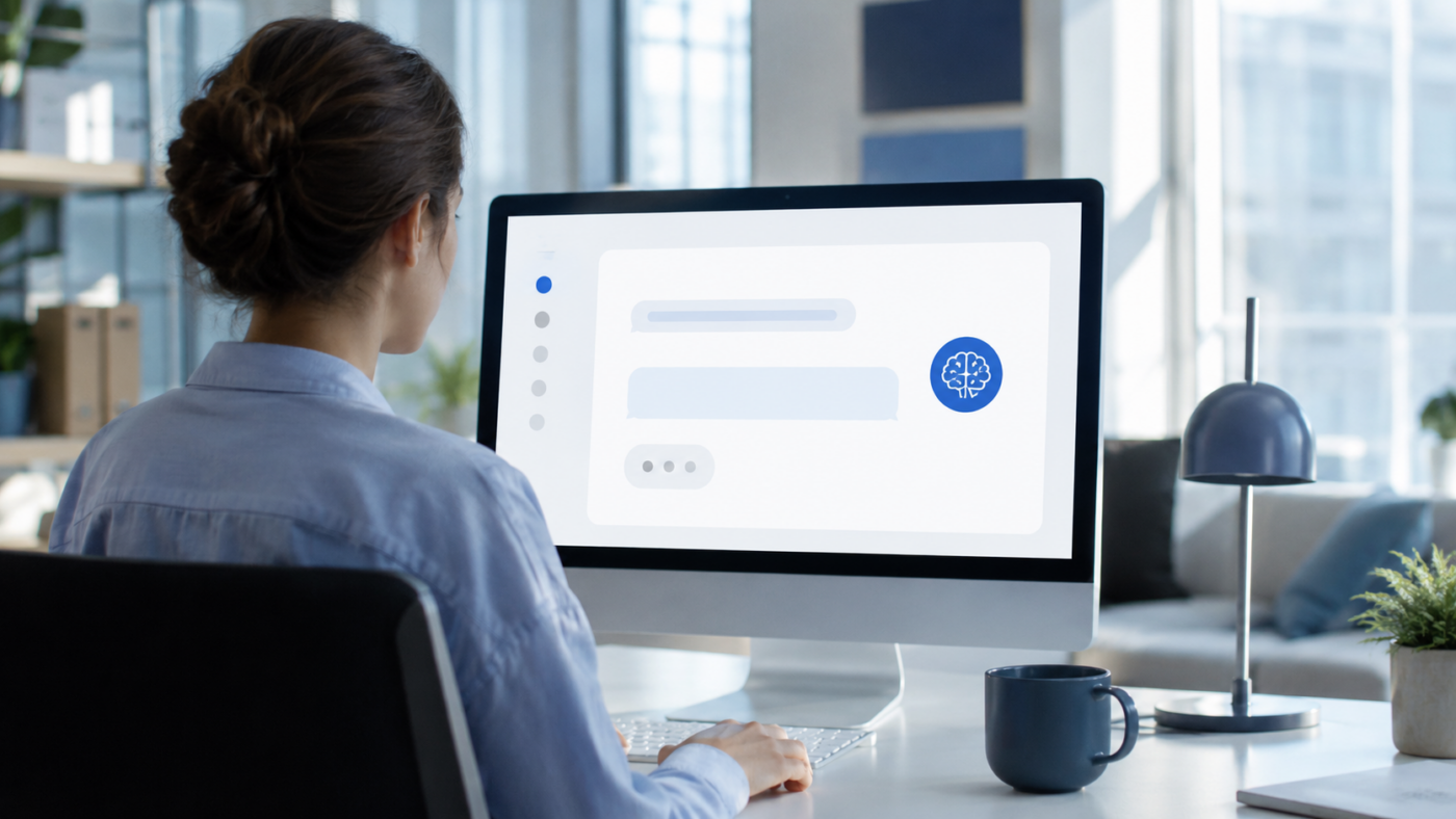 Une personne devant un ordinateur, face à une interface d'assistant IA signalant qu'il s'agit d'une machine.