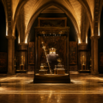 Une grande salle de musée où des insignes royaux et un manteau de sacre sont présentés dans de hautes vitrines éclairées