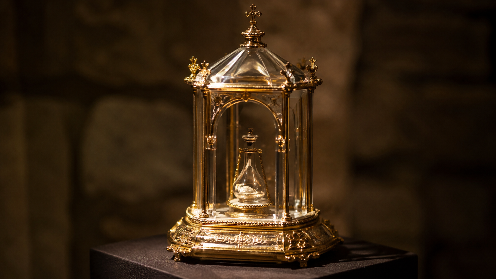 Un petit reliquaire de verre et d'or protégeant une ampoule ancienne, éclairé dans une salle sombre