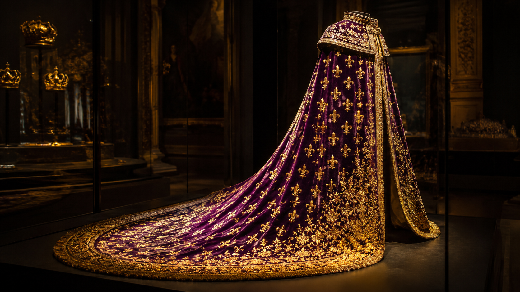 Un manteau de sacre en velours violet brodé de fleurs de lys d'or, présenté avec sa longue traîne dans une vitrine