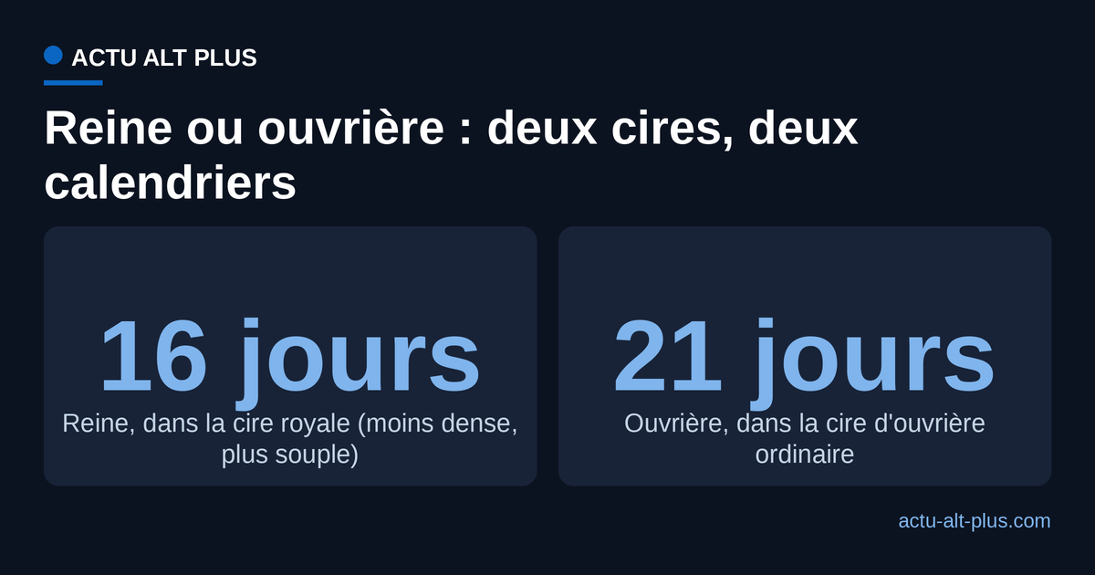 Comparaison : une reine se développe en 16 jours contre 21 pour une ouvrière, et son berceau est bâti dans une cire moins dense et plus souple que la cire d'ouvrière