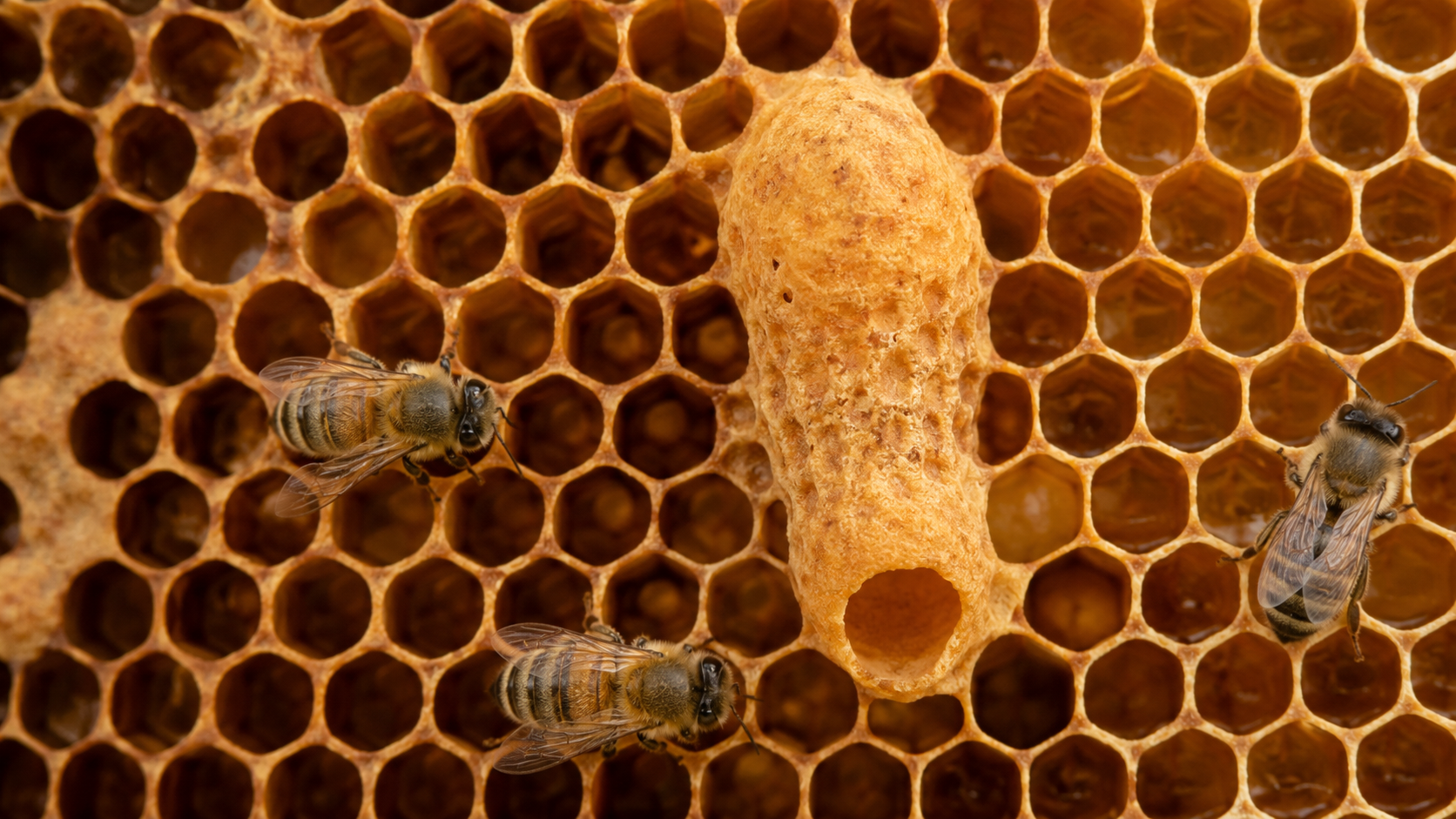 Rayon de ruche opposant des alvéoles hexagonales d'ouvrières à une grande cellule royale en forme de cacahuète
