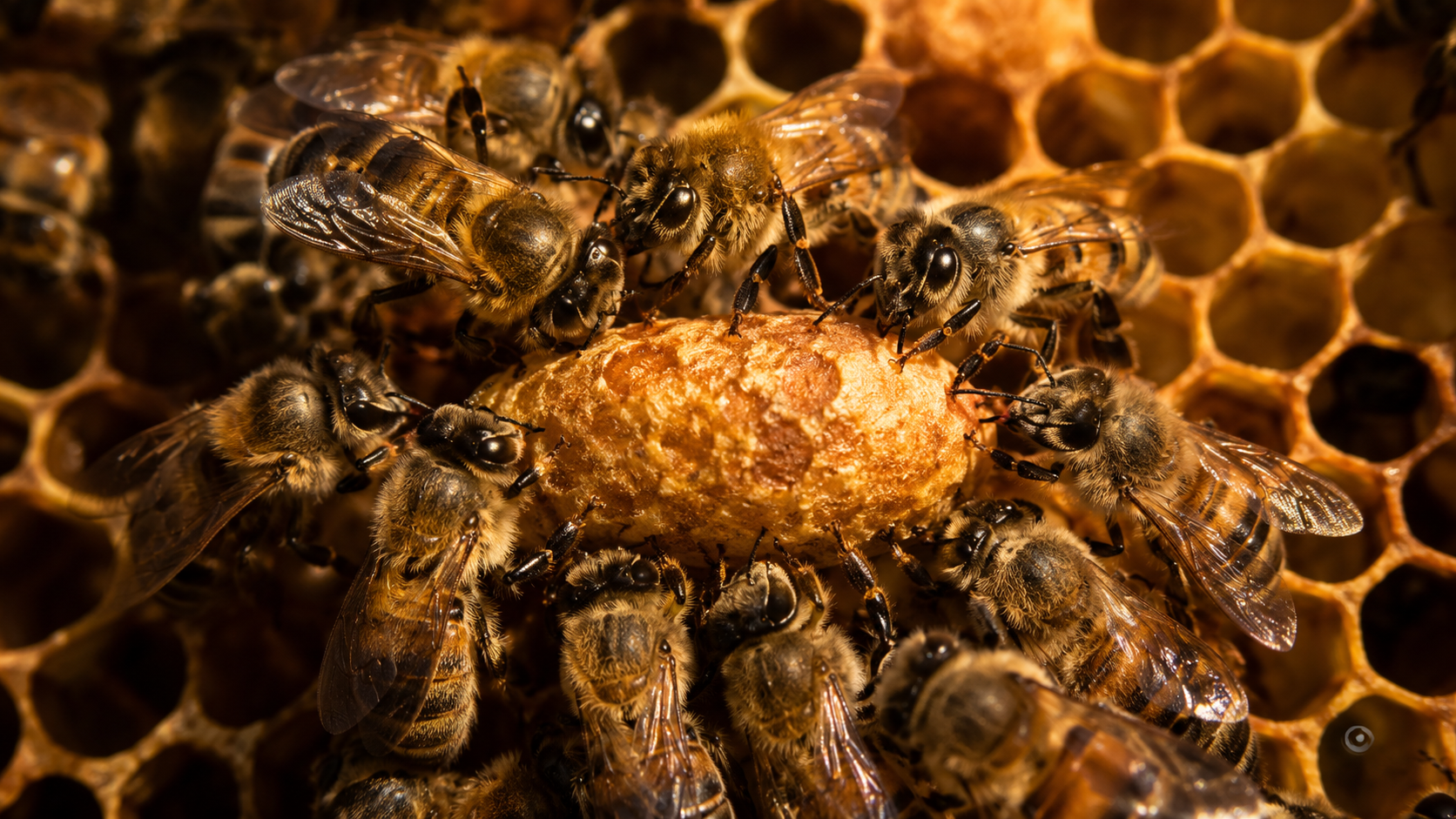 Jeunes abeilles ouvrières agglutinées autour d'une cellule royale sur un rayon de ruche
