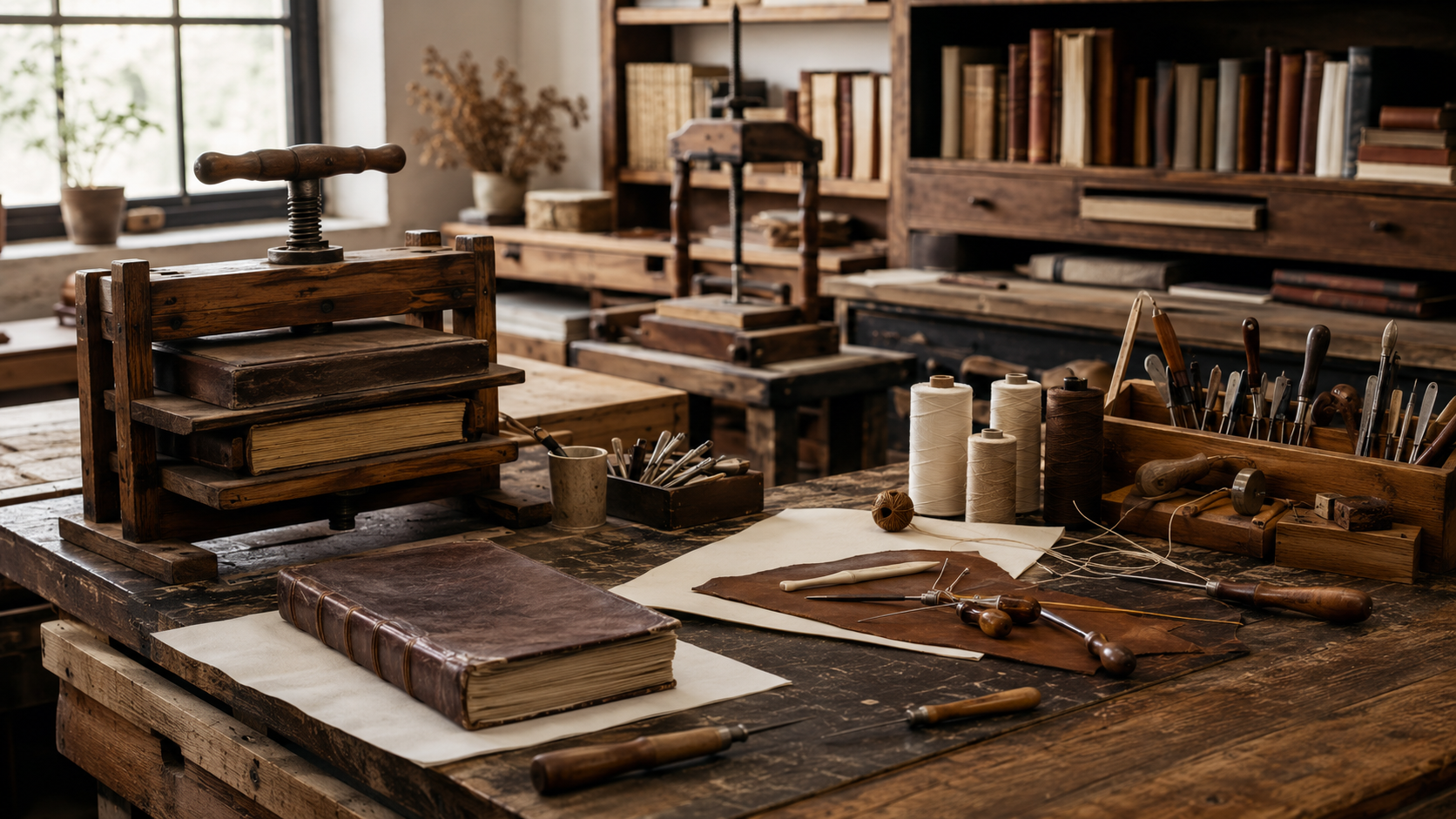 Un atelier de restauration de livres avec presses en bois et outils anciens sur un établi
