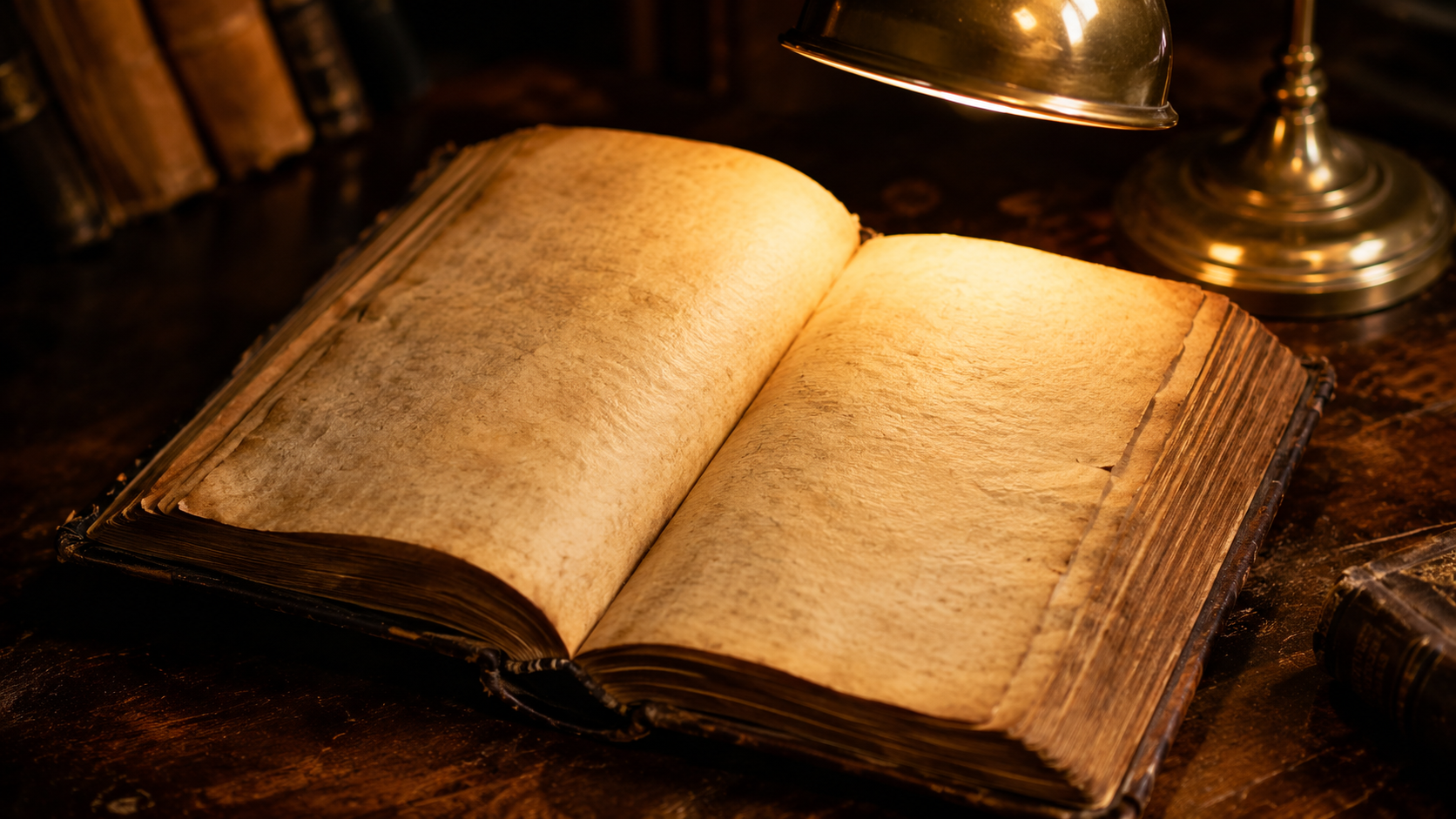 Un livre ancien ouvert sous une lampe, pages jaunies et reliure de cuir usée