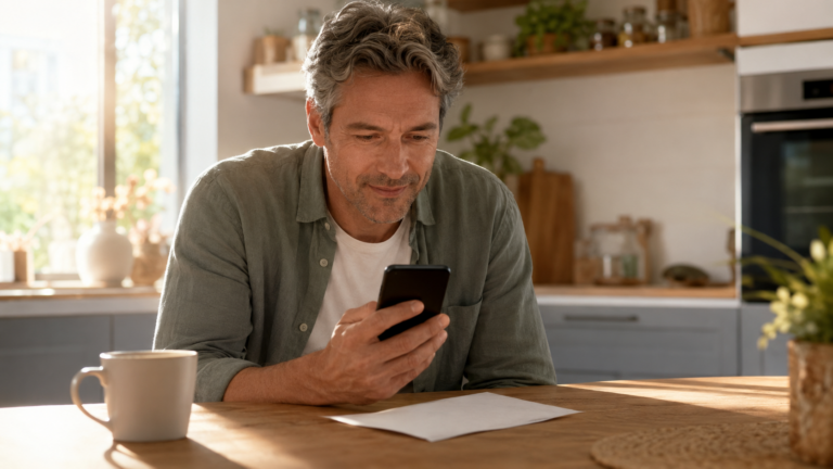 Une personne à une table de cuisine consulte une application bancaire sur son téléphone, une lettre ouverte à côté.