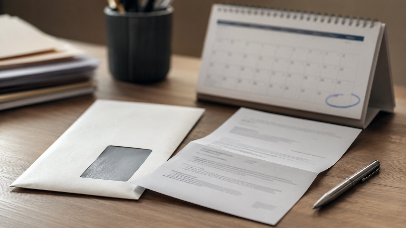 Une enveloppe en papier et un document plié sur un bureau, à côté d'un stylo et d'un calendrier de fin juillet.