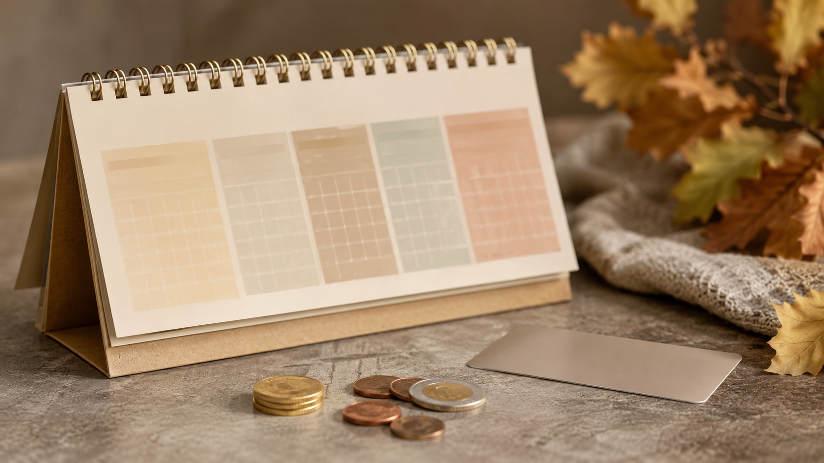 Un calendrier de bureau montrant les mois d'automne, avec quelques pièces et une carte bancaire à côté.