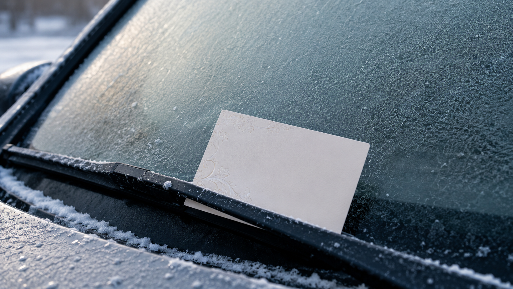Petite carte-cadeau glissée sous un essuie-glace sur une voiture saupoudrée de neige
