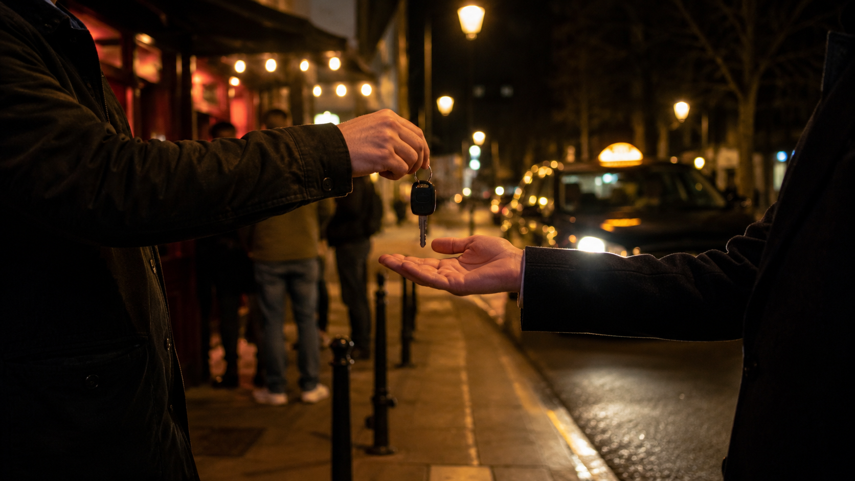 Devant un bar la nuit, une personne confie ses clés de voiture à un ami près d'un taxi