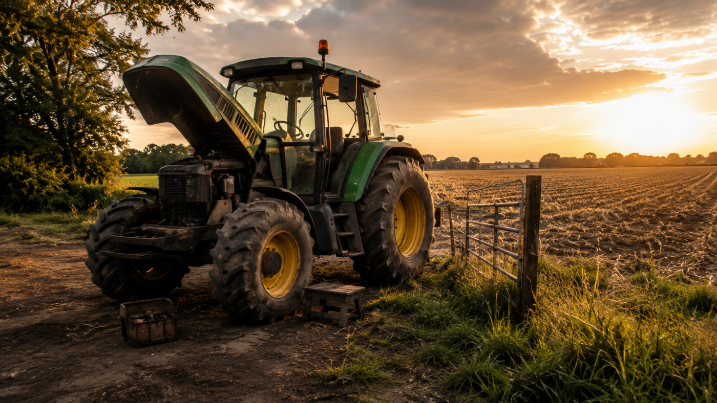 Un tracteur agricole générique stationné au bord d'un champ à la lumière de fin de journée.