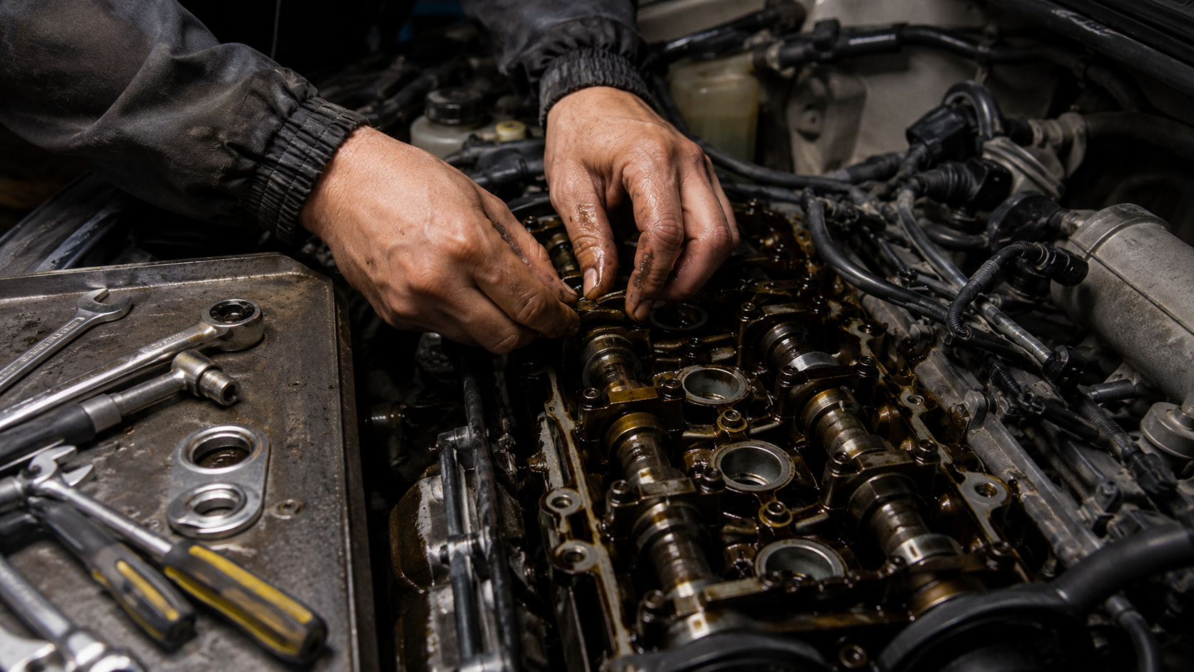 Des mains anonymes réparent un moteur, entourées d'outils d'atelier.