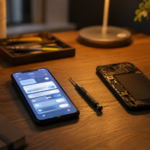 Bureau domestique avec un smartphone affichant des reglages, un tournevis et un telephone ouvert, evoquant le controle de sa vie numerique.
