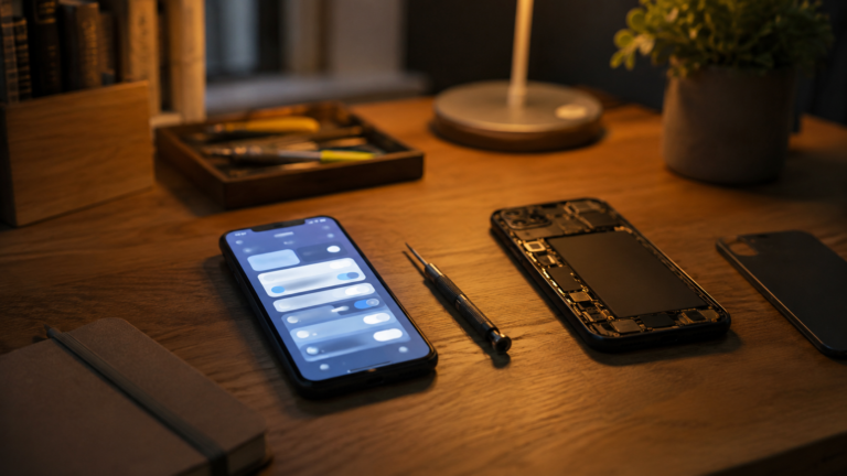 Bureau domestique avec un smartphone affichant des reglages, un tournevis et un telephone ouvert, evoquant le controle de sa vie numerique.