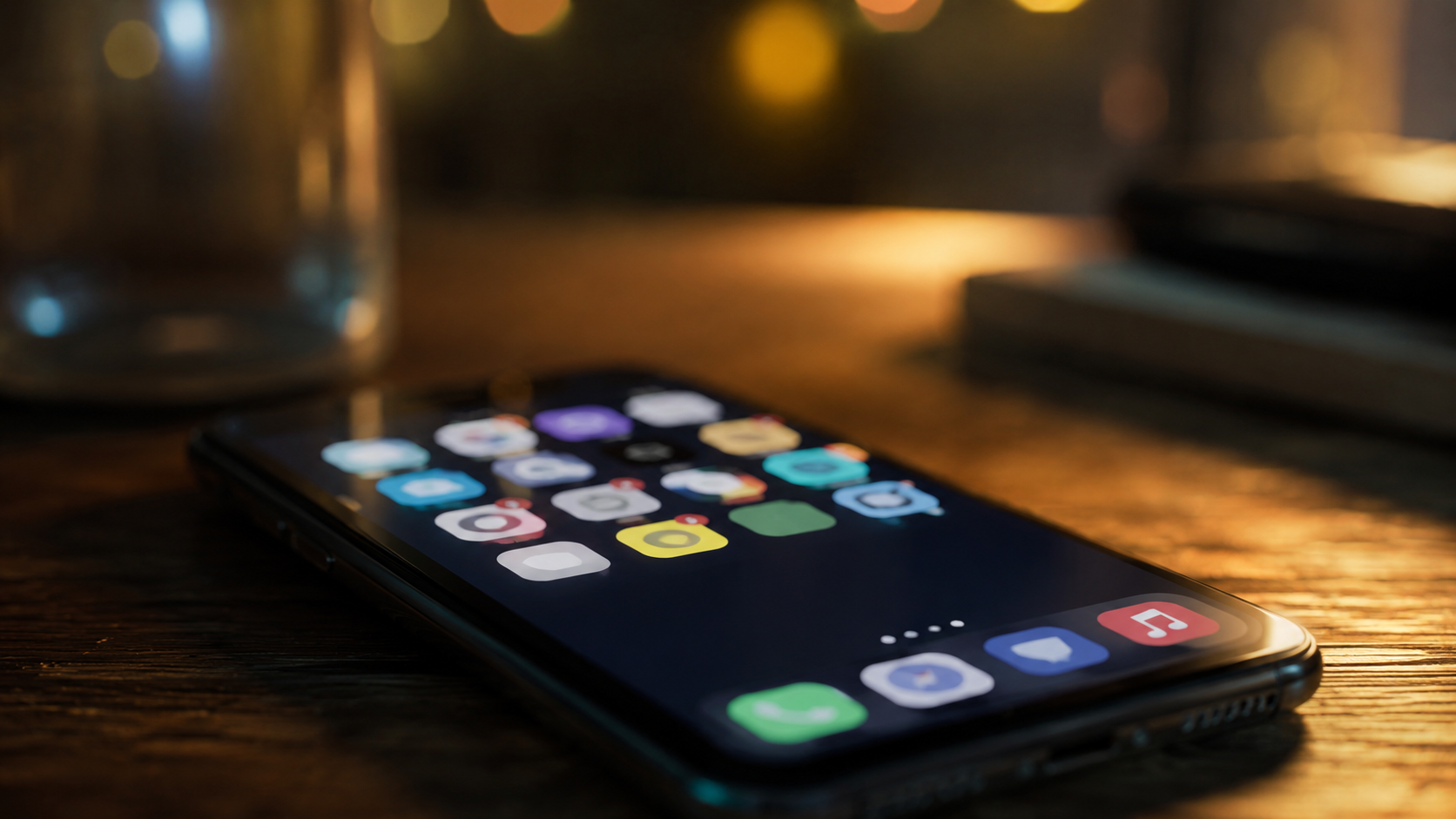 Smartphone allume pose sur une table le soir, ecran avec une grille d'applications generique, evoquant la collecte de donnees en arriere-plan.