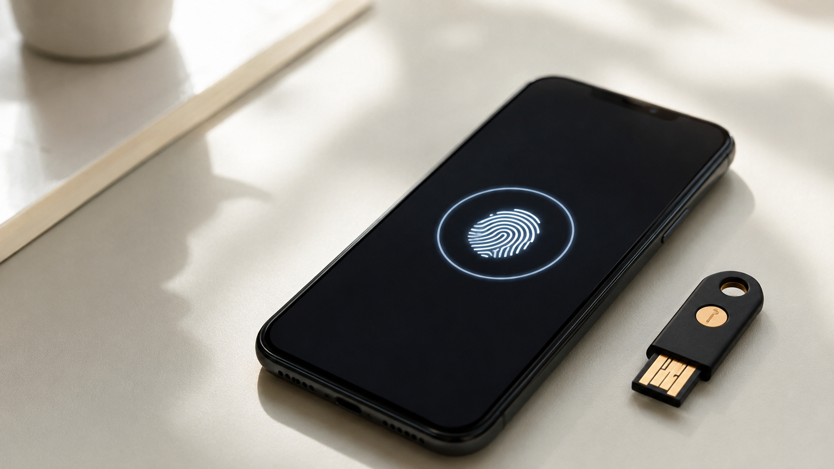 Smartphone affichant un symbole de deverrouillage biometrique a cote d'une cle de securite, evoquant les passkeys et la double authentification.